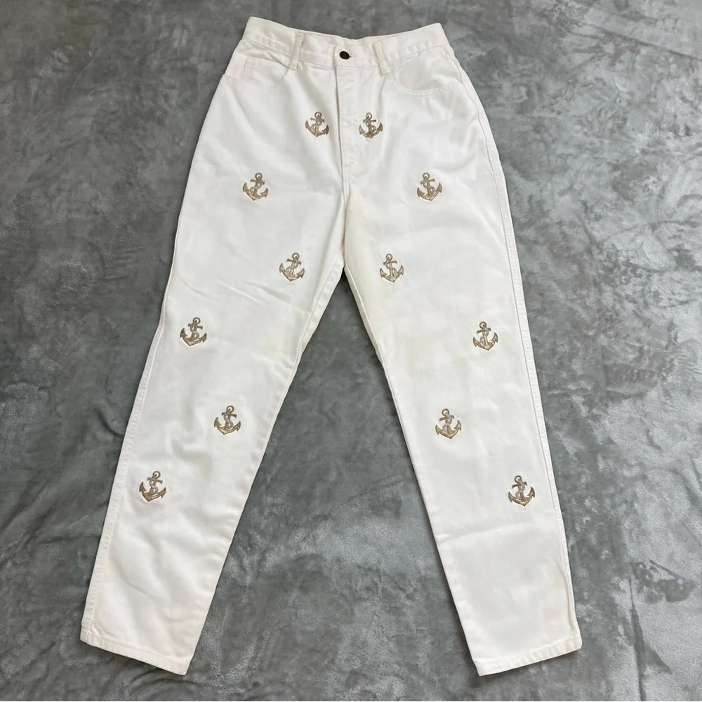 La Costa Spa Vintage White High Rise Jeans Gold Silver Anchor Embroidery Sz 10